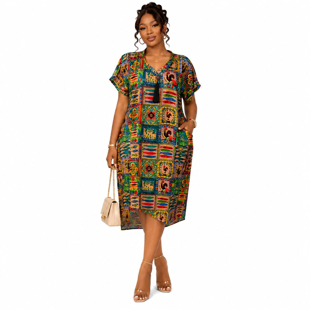 V Neck Multi Patterned Short Sleeve Tunic Dress